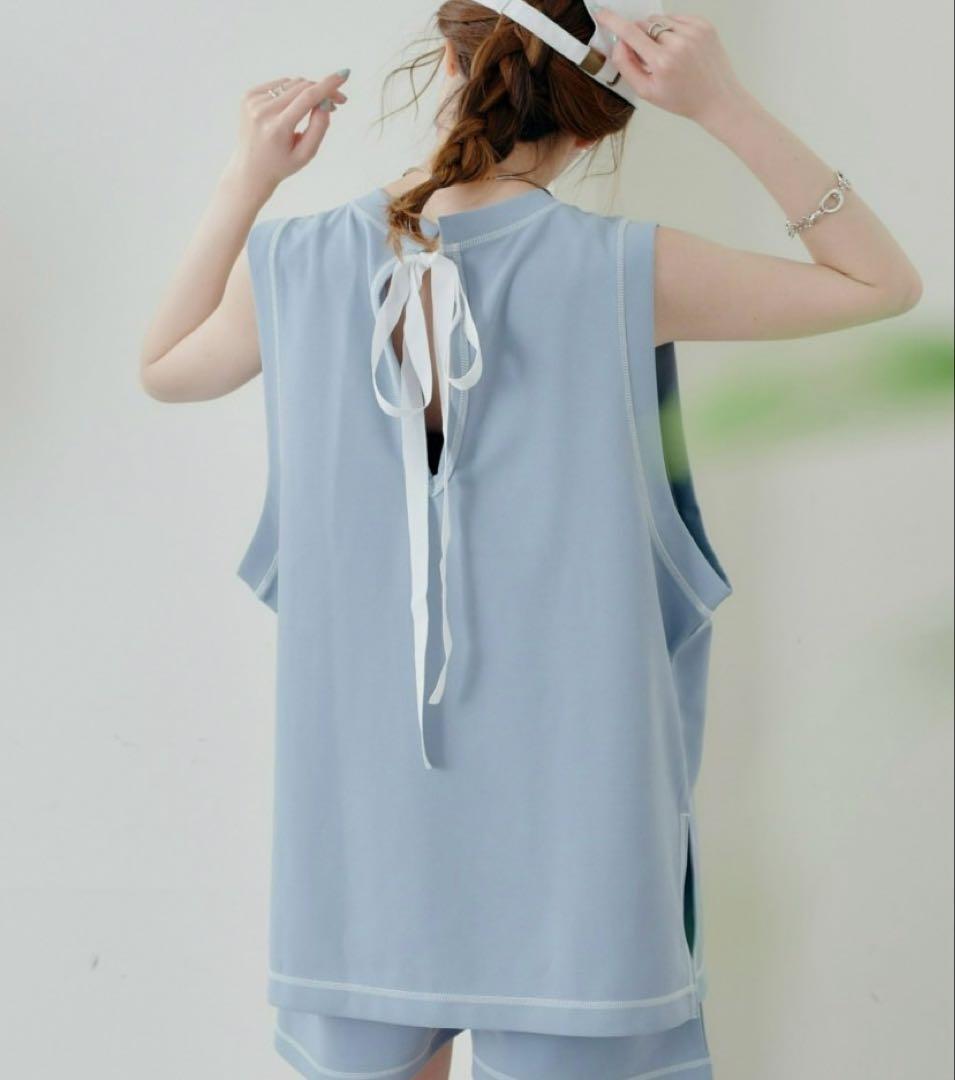 【新品】チャオパニック　配色ステッチバックリボンラッシュガード　上下Lサイズ