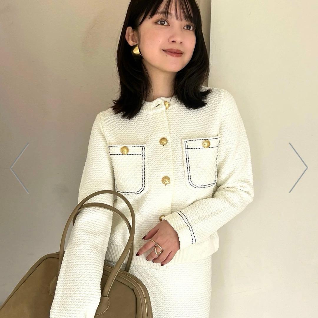 アニュアンノーカラーニットジャケット ホワイト 白 anuans S