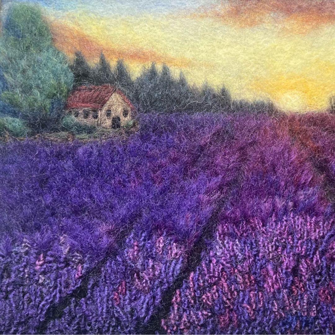 R*U様 羊毛フェルト　羊毛絵画『ラベンダー畑の朝』ハンドメイド　ウール刺繍