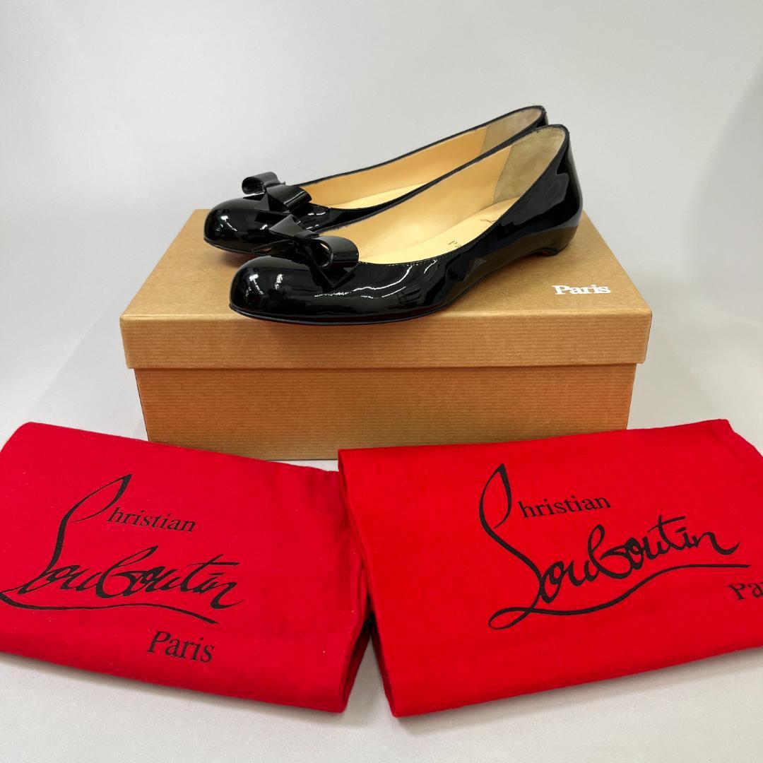 ルブタン フラットシューズ 37 24cm程度 ブラック 黒 エナメル リボン