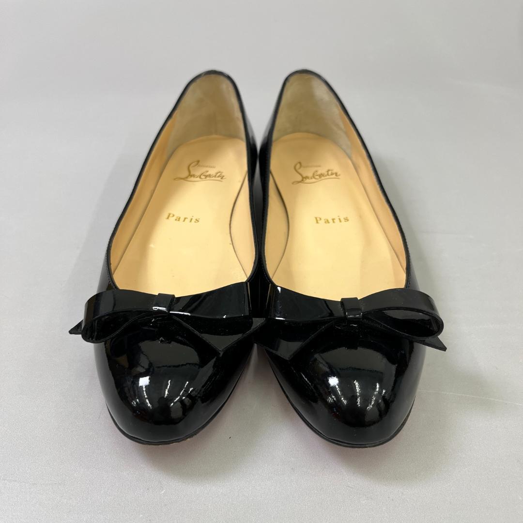 ルブタン フラットシューズ 37 24cm程度 ブラック 黒 エナメル リボン