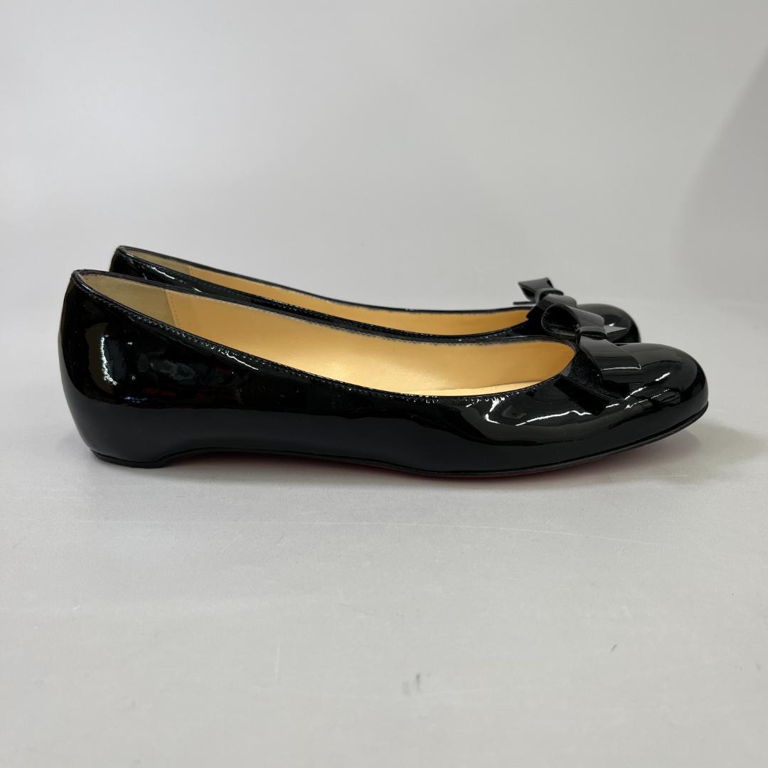 ルブタン フラットシューズ 37 24cm程度 ブラック 黒 エナメル リボン