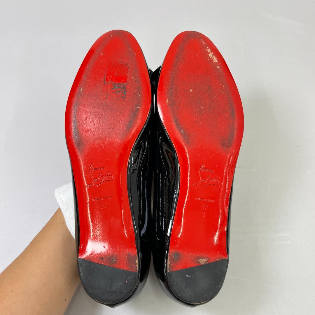 ルブタン フラットシューズ 37 24cm程度 ブラック 黒 エナメル リボン