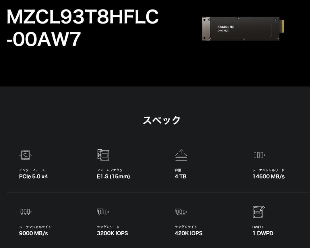 Samsung PM1753 3.84TB Gen5 エンタープライズSSD