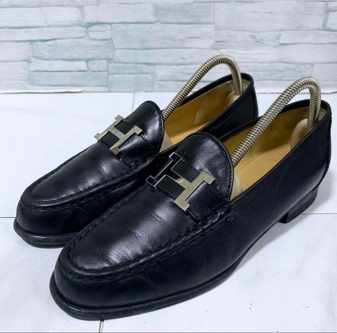 高級　HERMESエルメス　モカシンパリローファー　黒　シルバー　23.5