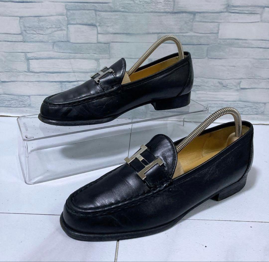 高級　HERMESエルメス　モカシンパリローファー　黒　シルバー　23.5