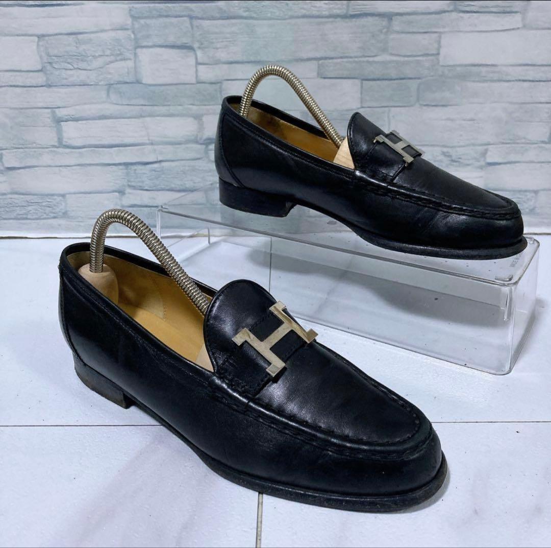高級　HERMESエルメス　モカシンパリローファー　黒　シルバー　23.5
