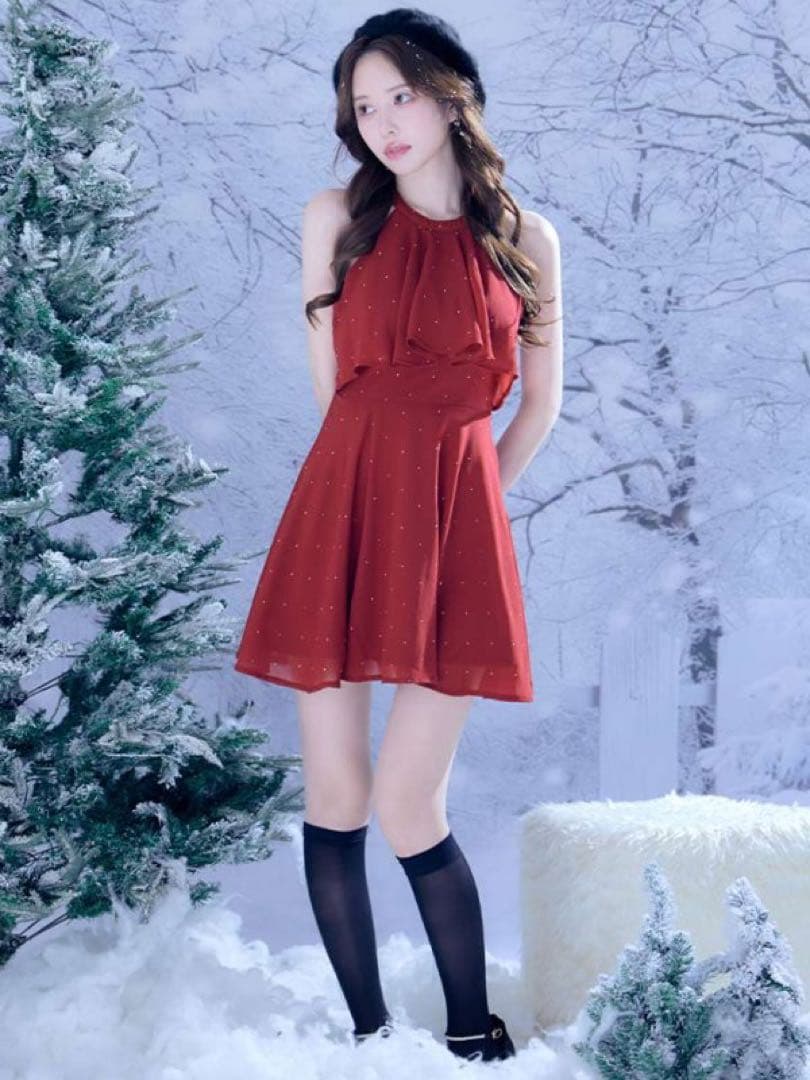 ホルターネックバックビジューフレアミニドレス