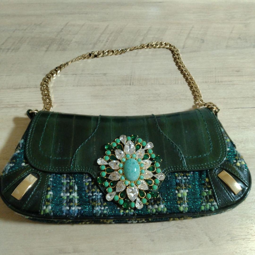 【最終値下げ】ドルガバ 緑色 ツイード レザー パーティーバッグ