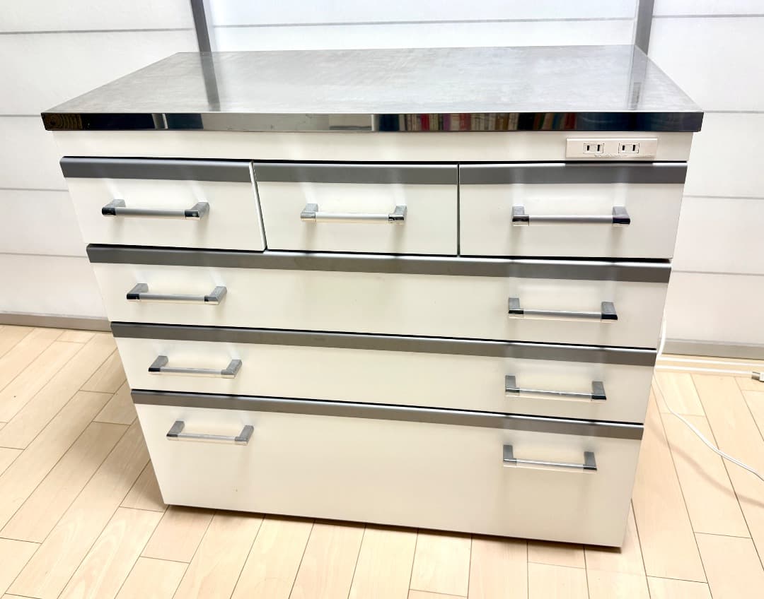 送料込 キッチンキャビネット90 引出6 ステンレス天板 キャスター電源付 国産