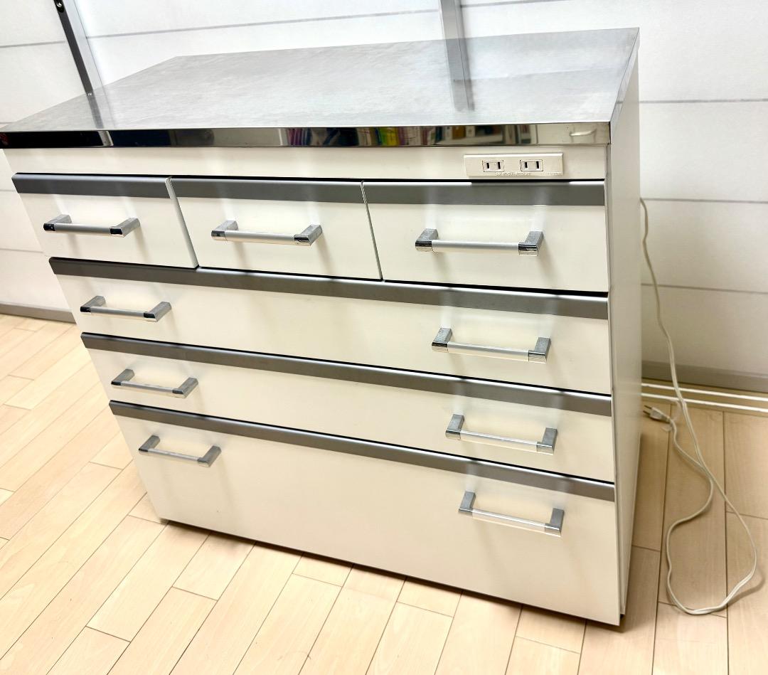 送料込 キッチンキャビネット90 引出6 ステンレス天板 キャスター電源付 国産