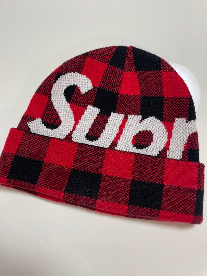 supreme big logo beanie check チェック　赤　美品