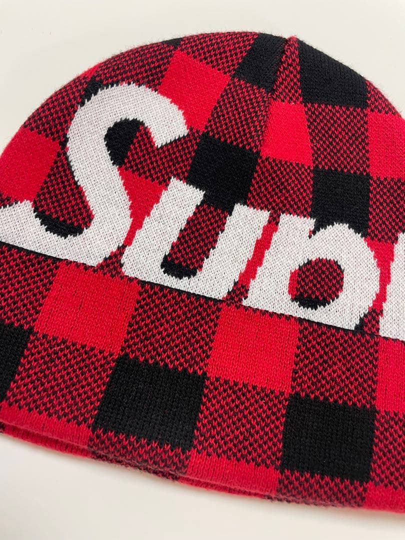 supreme big logo beanie check チェック　赤　美品