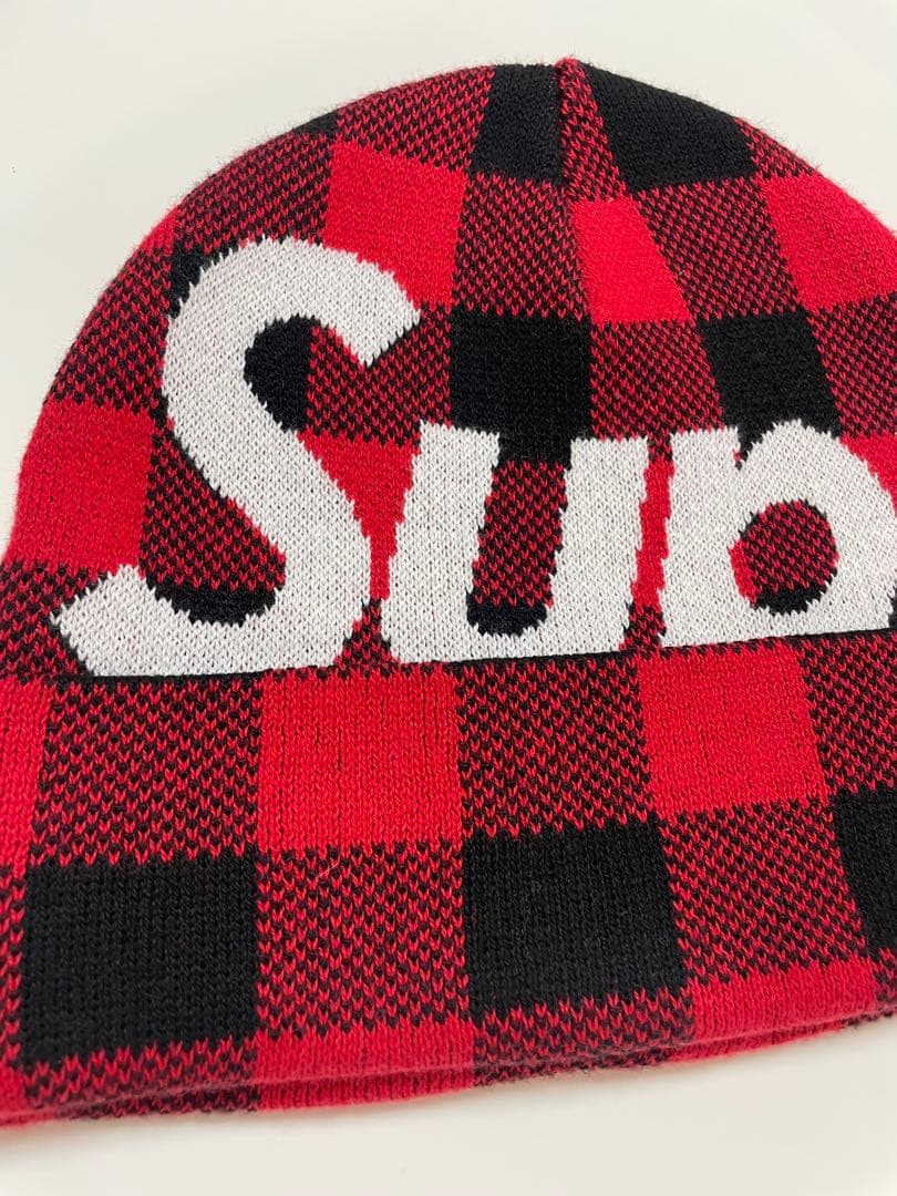 supreme big logo beanie check チェック　赤　美品