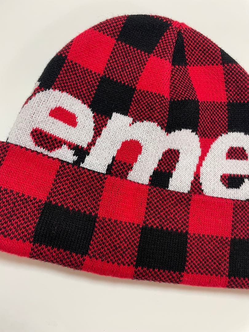 supreme big logo beanie check チェック　赤　美品