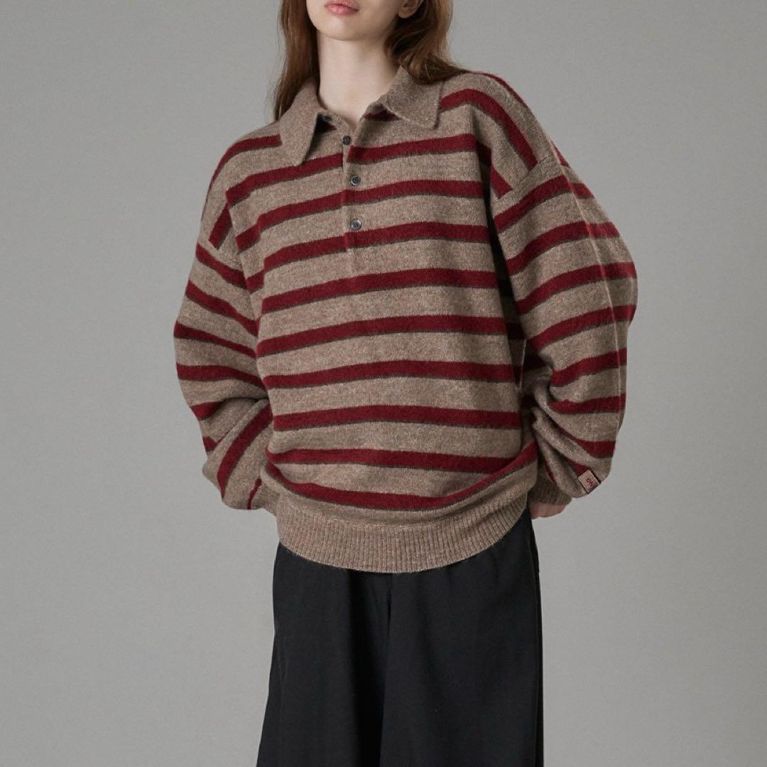 ONCILY マルチボーダーソフトタッチニットポロ　ベージュ Lサイズ