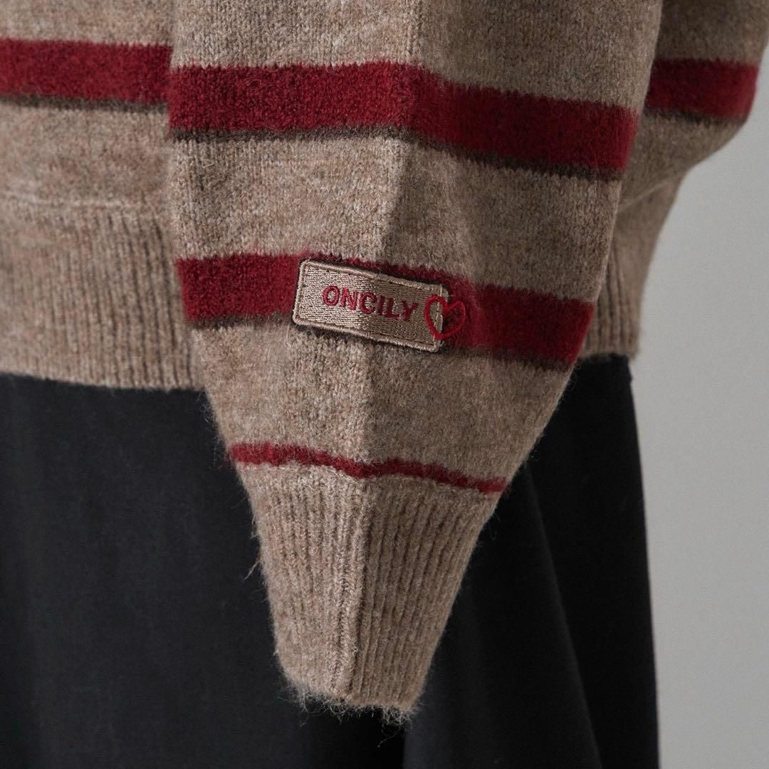ONCILY マルチボーダーソフトタッチニットポロ　ベージュ Lサイズ