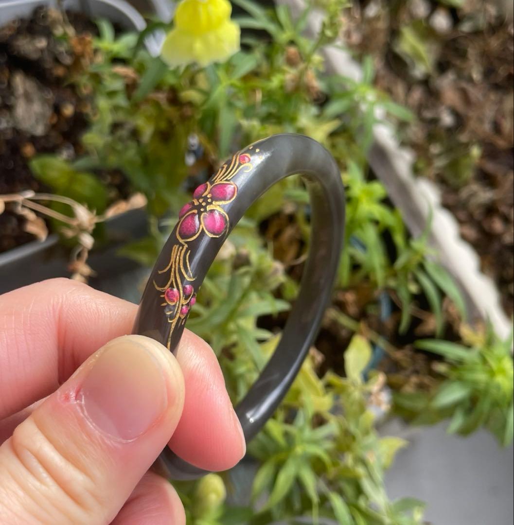 天然 和田玉 青海産 帝王紫 細め バングル 蒔絵