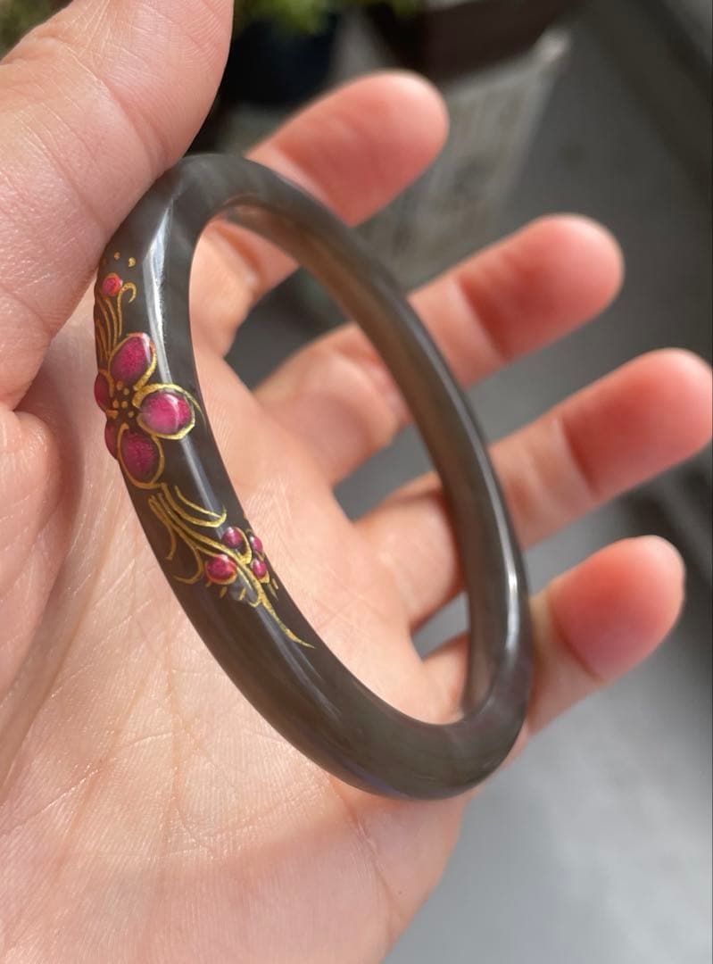 天然 和田玉 青海産 帝王紫 細め バングル 蒔絵