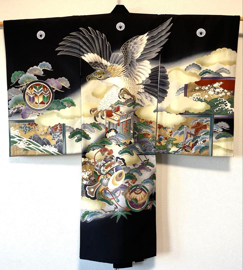 □男児　正絹　お宮参り.祝着.初着.鷹黒　美品