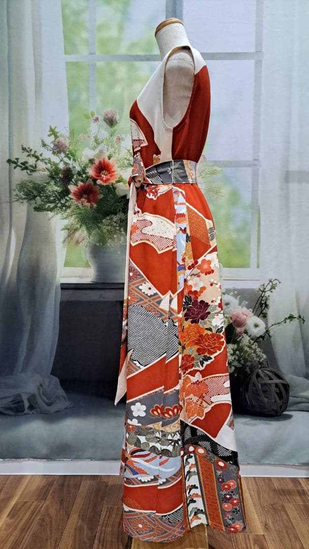 着物リメイク　ワンピース　ドレス　振袖　正絹　前後リバーシブル　ハンドメイド
