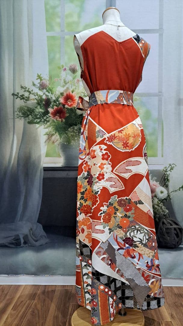 着物リメイク　ワンピース　ドレス　振袖　正絹　前後リバーシブル　ハンドメイド