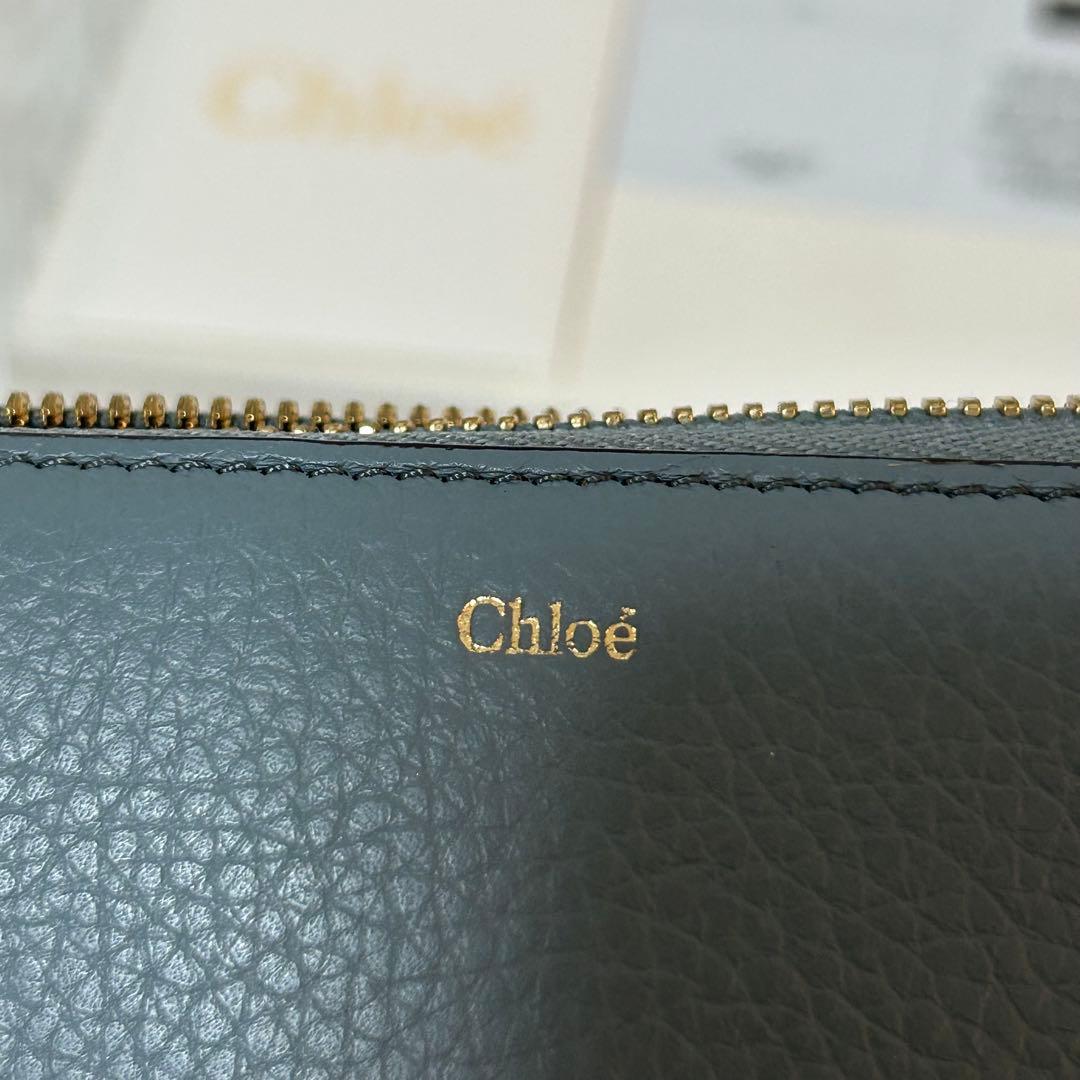 【美品✨アルファベット/ラウンドジップ】クロエ　長財布　ターコイズ　シボ革　金具