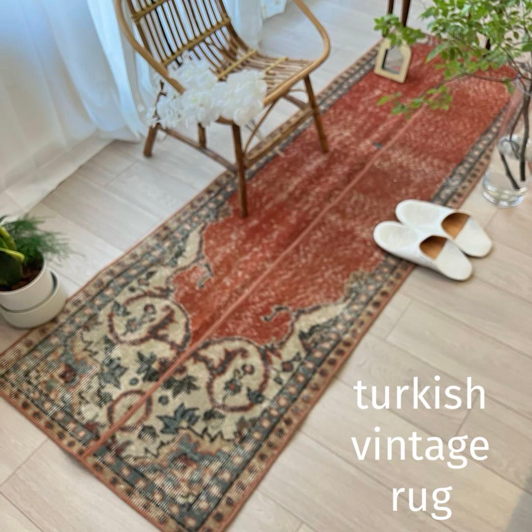 オレンジ✳︎65×187 ブルー　パッチワークランナー　トルコヴィンテージラグ