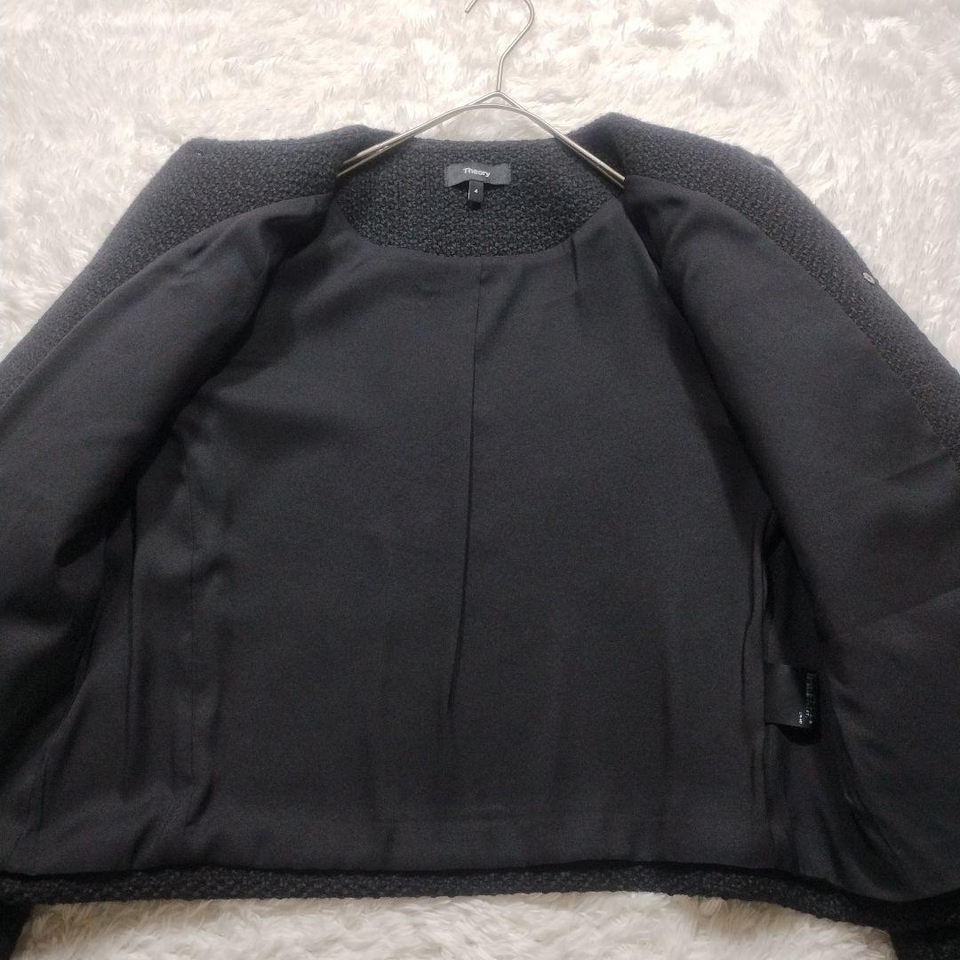 未使用級　23AW　セオリー　ノーカラーツイードジャケット　Ｌ　黒　クロップド丈