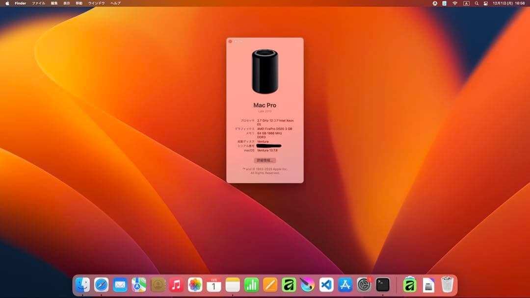 【ジャンク】Apple Mac Pro 2013 12コア 64GB D500