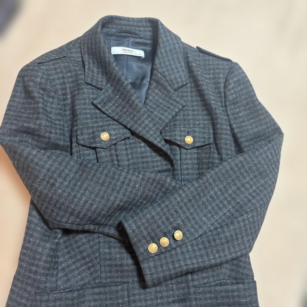 PRADA ダークカーキ チェック柄 テーラードジャケット