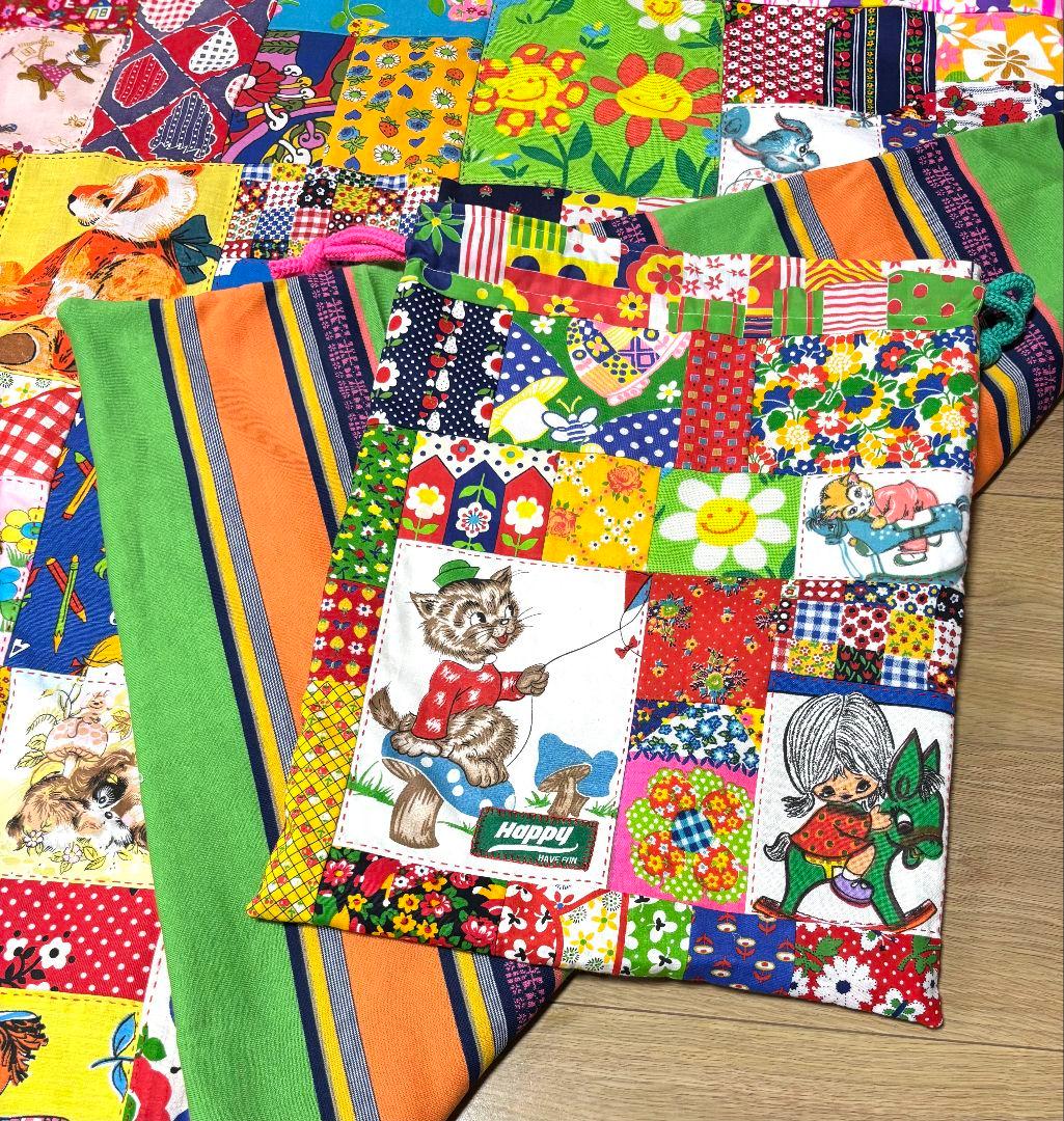 ハンドメイド❇大きめビンテージパッチワーク❇マットと巾着セット