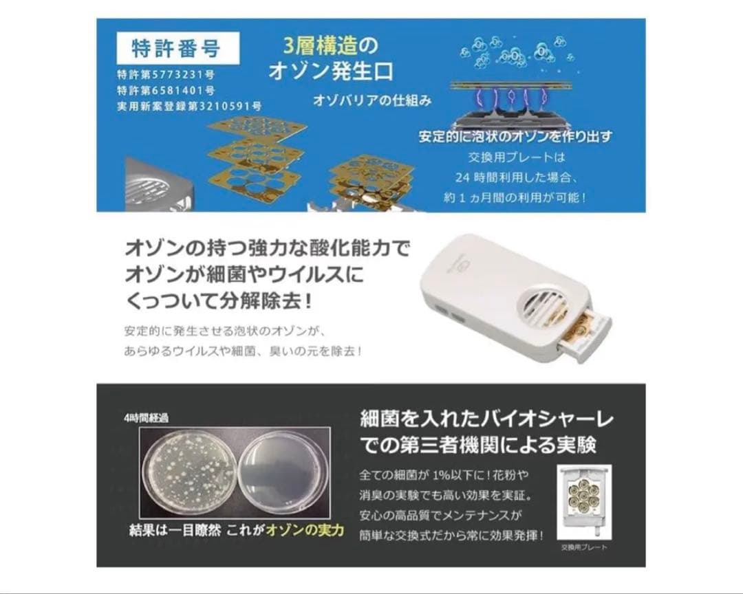 低濃度オゾン発生器 オゾバリア 白 5個セット 花粉対策 除菌消臭