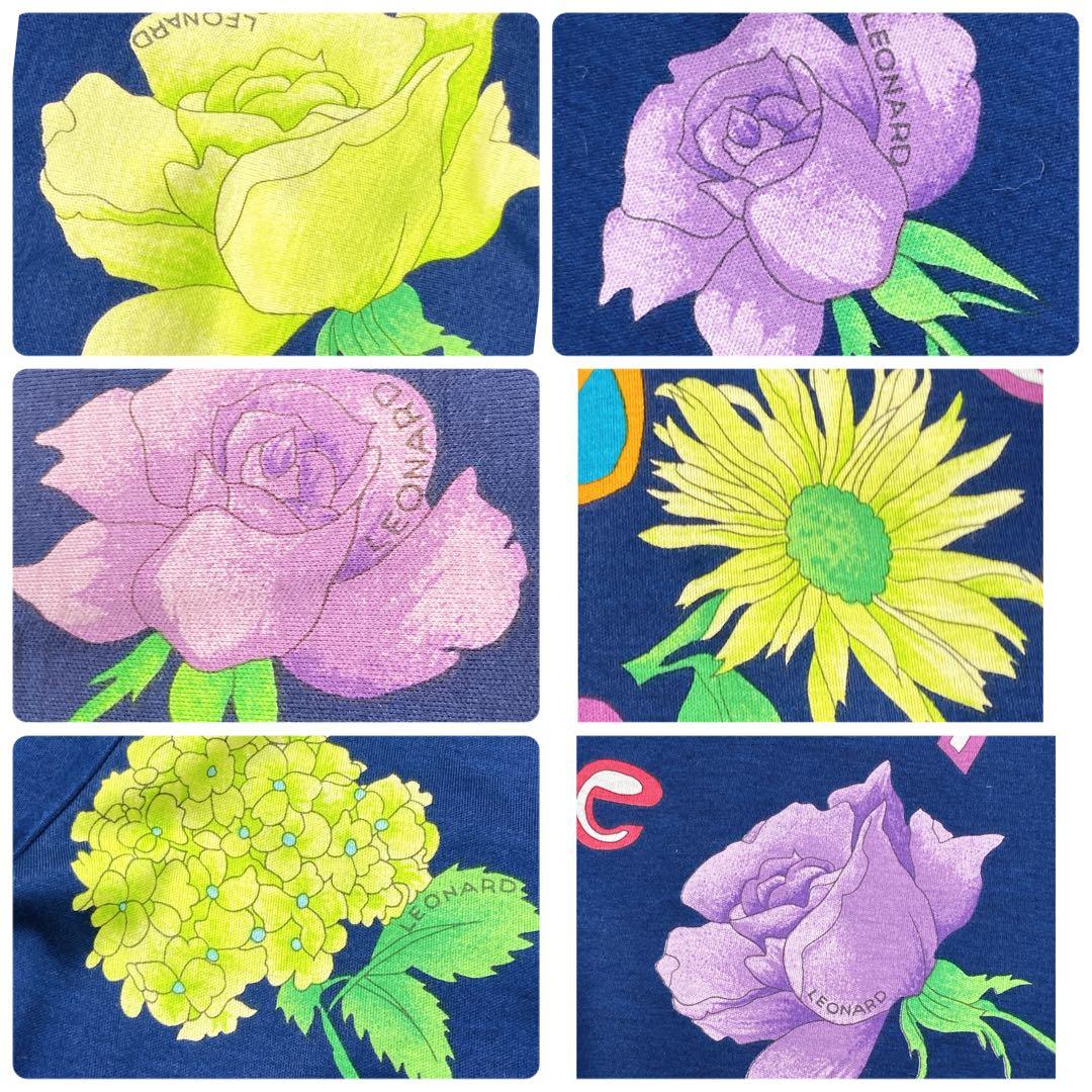 美品 トリム 薔薇 LL 花 アルファベット ロゴボタン レオナール カットソー