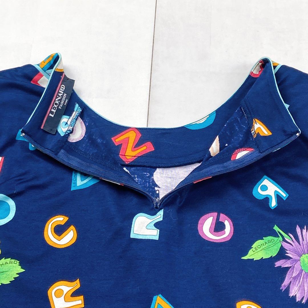 美品 トリム 薔薇 LL 花 アルファベット ロゴボタン レオナール カットソー