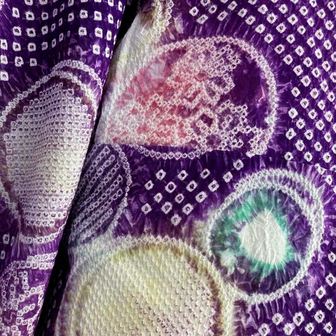 有松絞り・有松鳴海　絞り浴衣　グレープ色　丸模様　身丈155cm N7-9