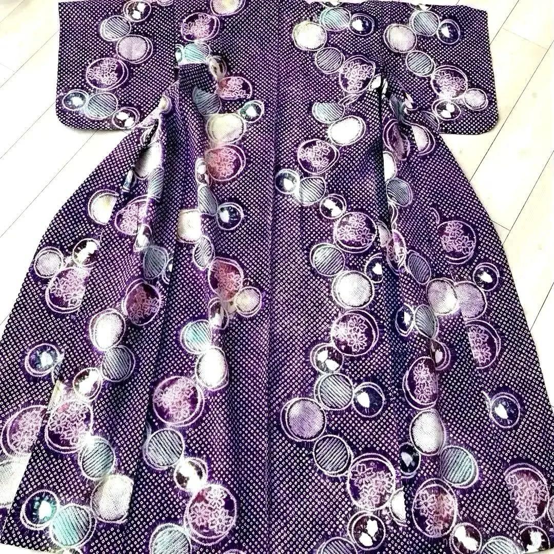 有松絞り・有松鳴海　絞り浴衣　グレープ色　丸模様　身丈155cm N7-9