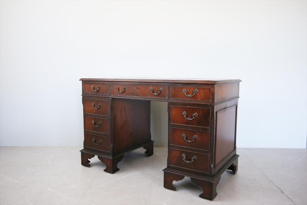 英国アンティーク木製両袖デスク/勉強机/テーブル/飾り棚/オフィス事務89-93