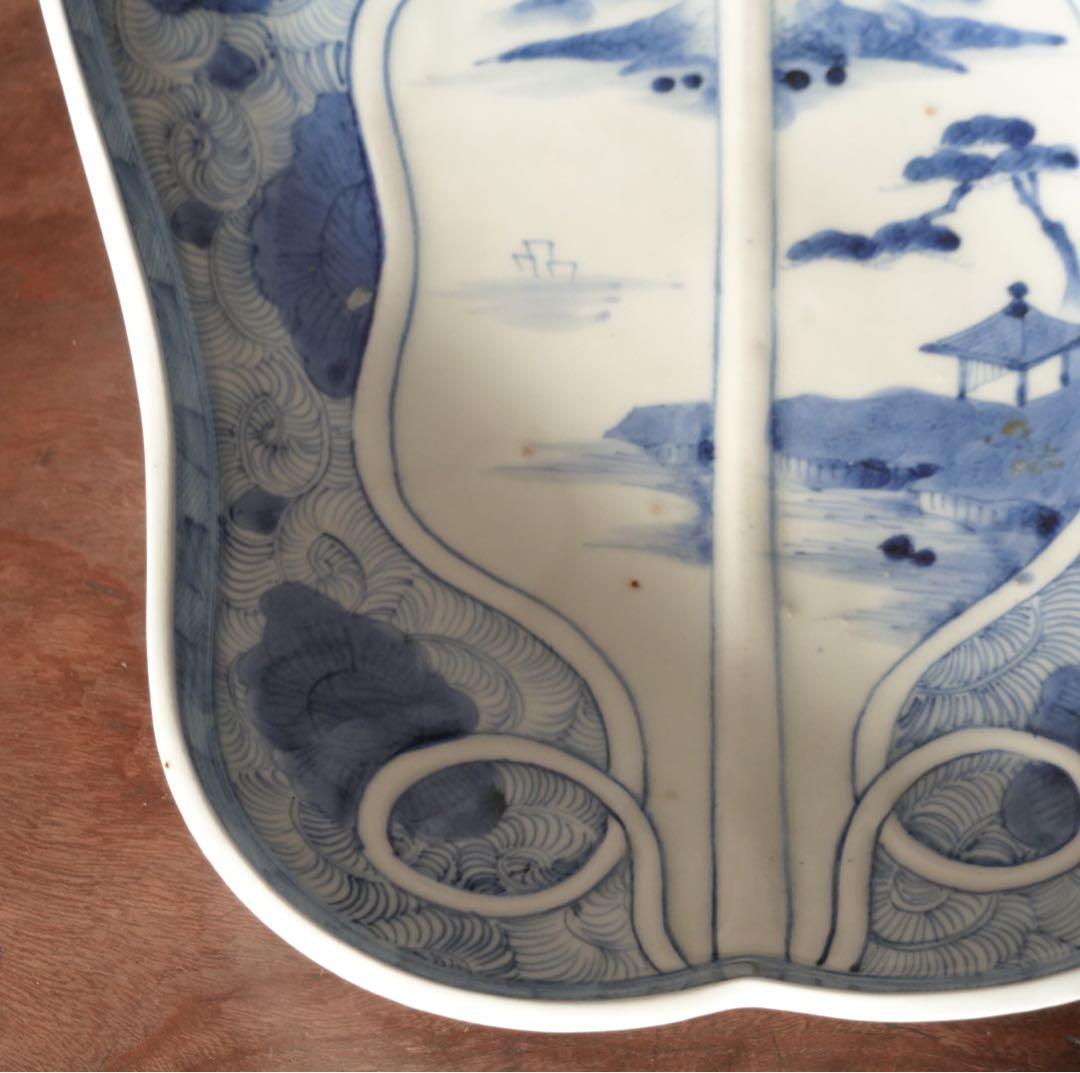 送料無料　江戸時代　後期　古伊万里　染付　山水図　軍配形　大皿　飾皿　希少作品