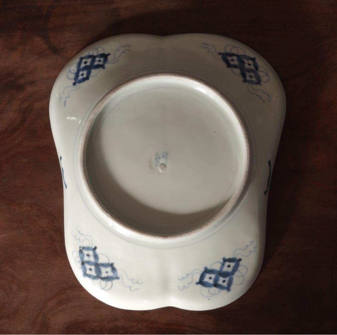 送料無料　江戸時代　後期　古伊万里　染付　山水図　軍配形　大皿　飾皿　希少作品