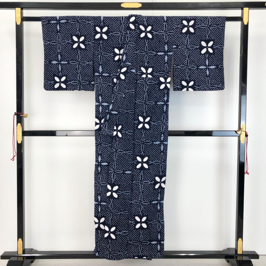 ☆ 夏着物 浴衣 有松鳴海本絞り 花模様 藍色 K-5077