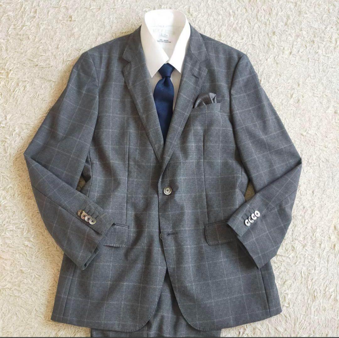 【紳士の装い】ヒューゴボス×伊タリアディデルフィノ・スーツ・チーフ・灰チェックL