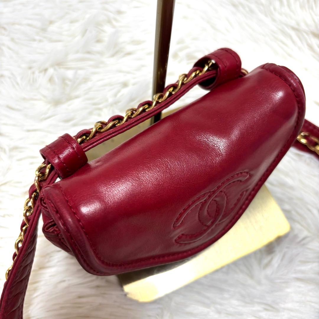 【美品・鑑定済み】CHANEL ウエストポーチ　ココマーク　チェーン　レッド
