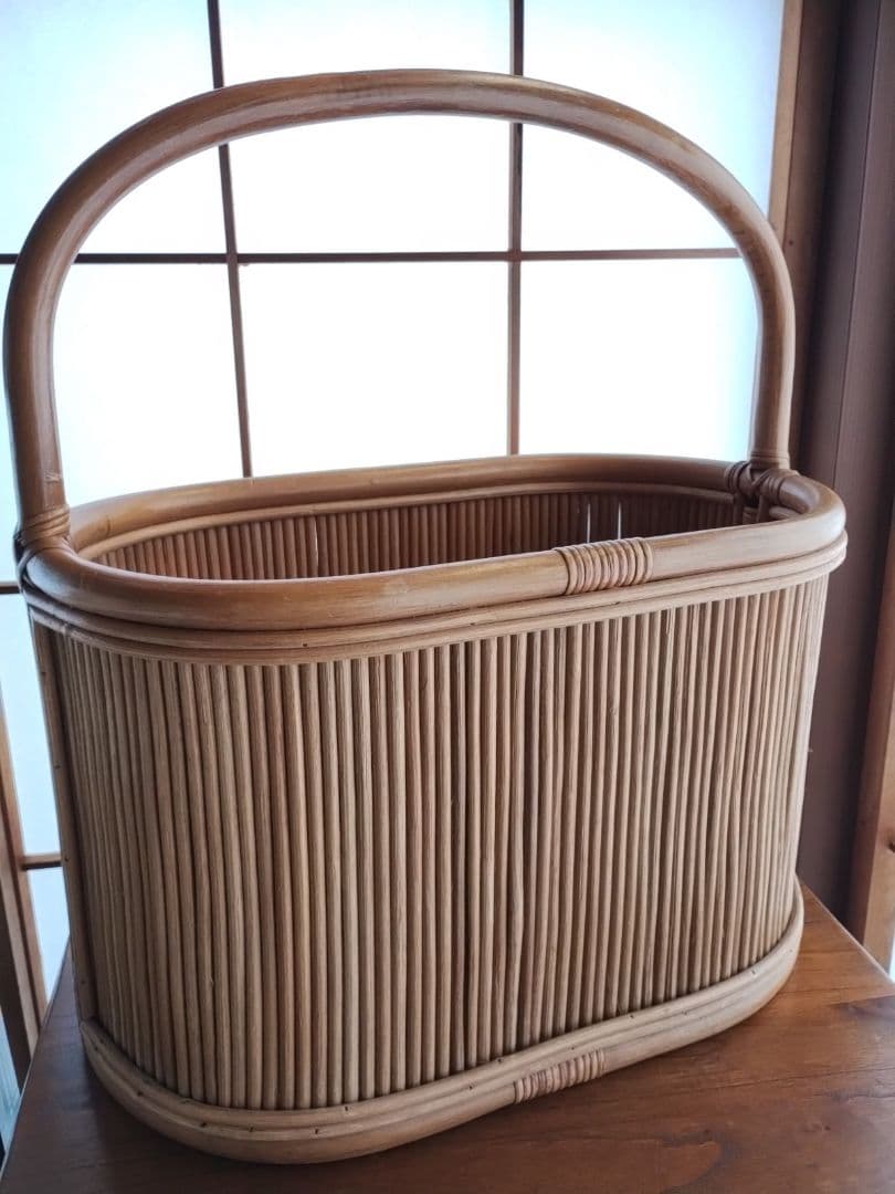 ヴィンテージ　籐小物　ラタン　バンブー　ハンドル付きバスケット　マガジンラック
