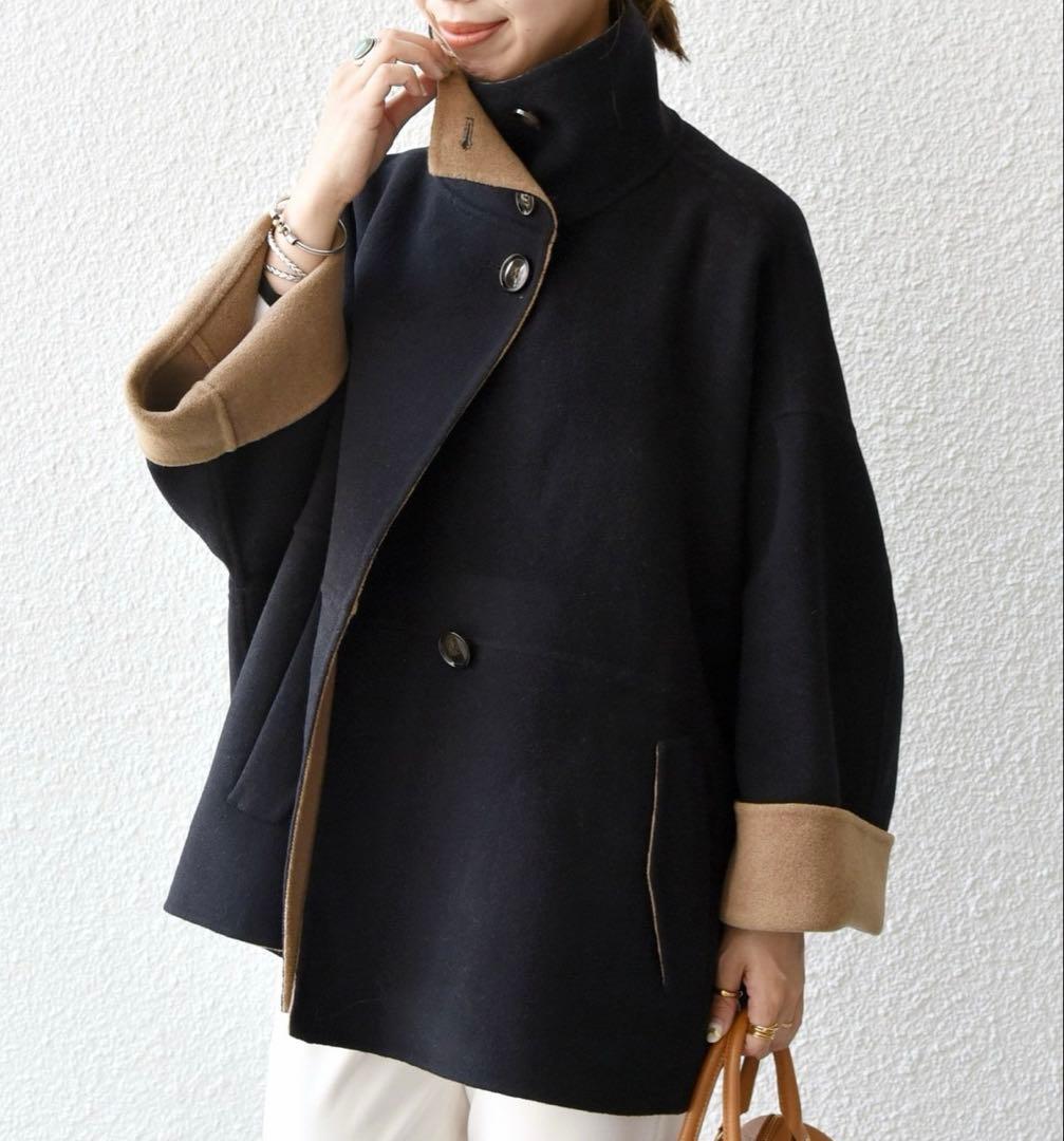 SHIPS any リバー スタンドカラー ポンチョ ショート コート　ベージュ