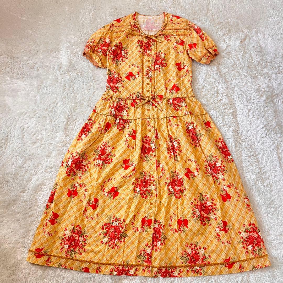 美品 ピンクハウス 苺ブーケ チェック柄 ワンピース サテンリボン はしごレース