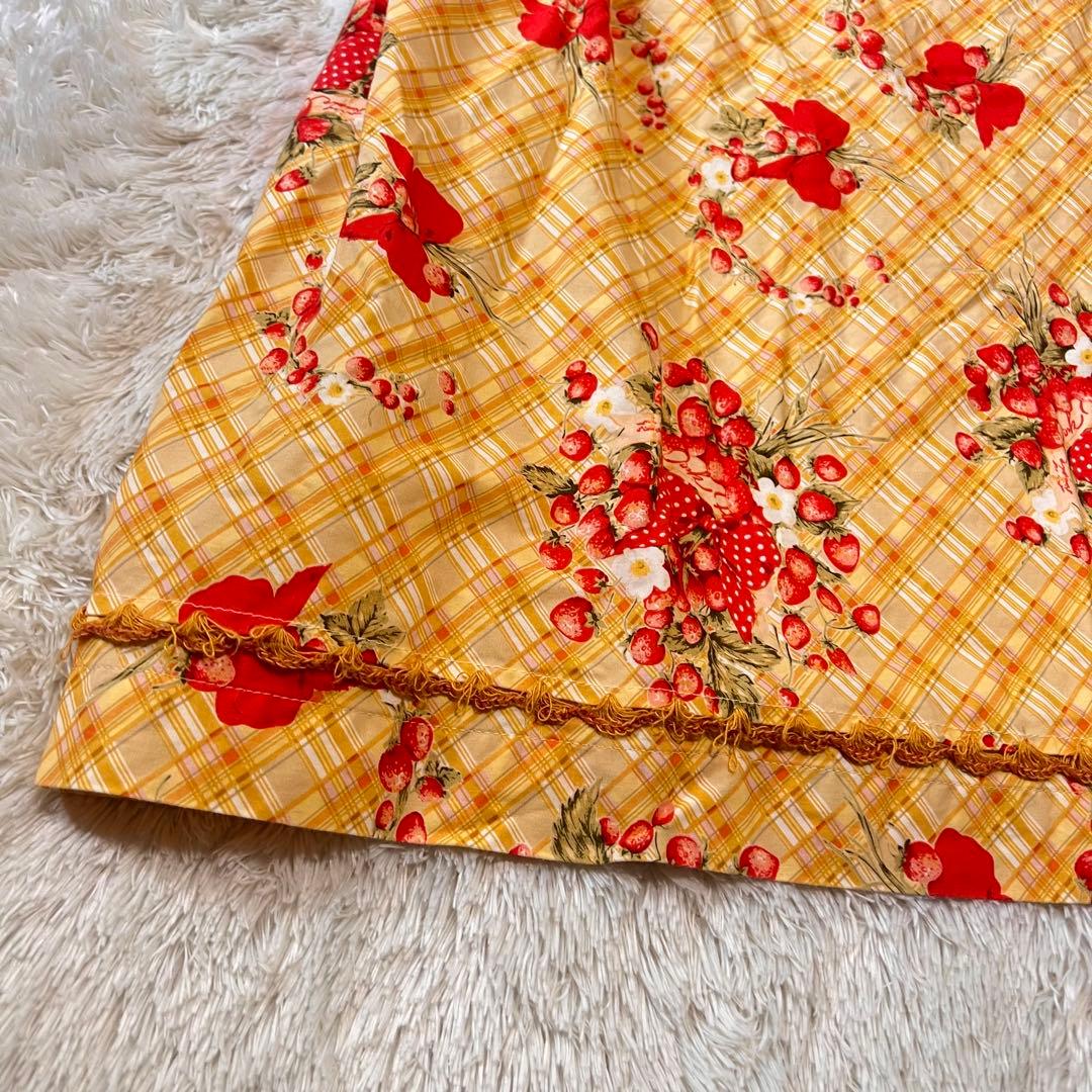 美品 ピンクハウス 苺ブーケ チェック柄 ワンピース サテンリボン はしごレース