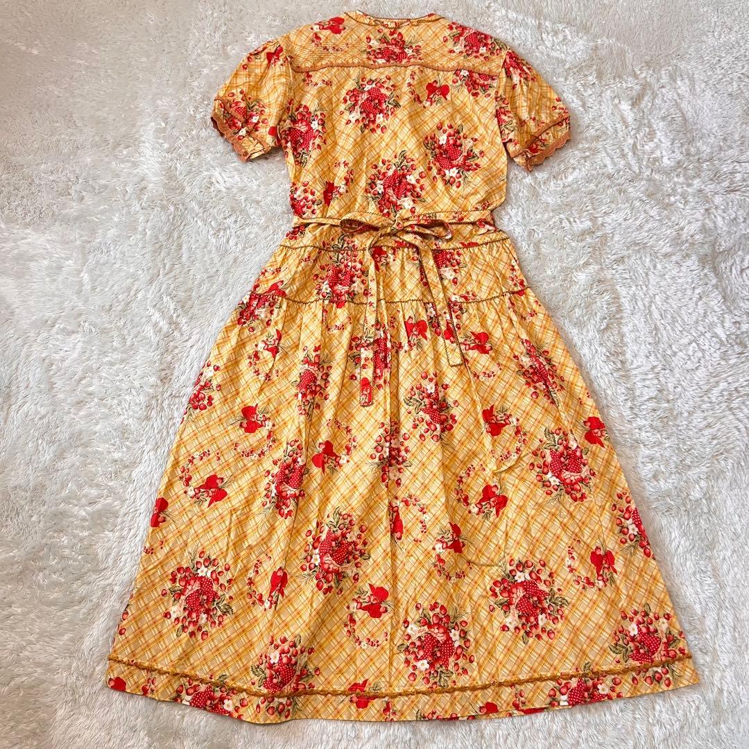 美品 ピンクハウス 苺ブーケ チェック柄 ワンピース サテンリボン はしごレース