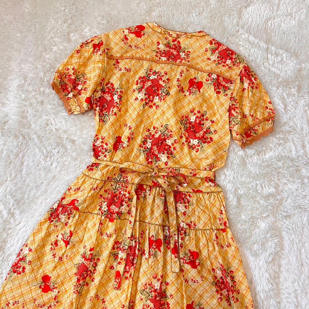 美品 ピンクハウス 苺ブーケ チェック柄 ワンピース サテンリボン はしごレース