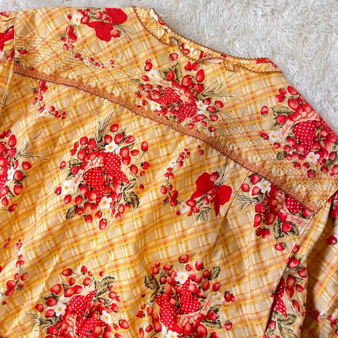 美品 ピンクハウス 苺ブーケ チェック柄 ワンピース サテンリボン はしごレース